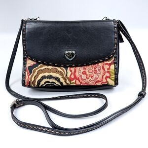 Brighton Crossbody Purse Organizer Wallet Clutch Leather & Floral Fabric Bloom